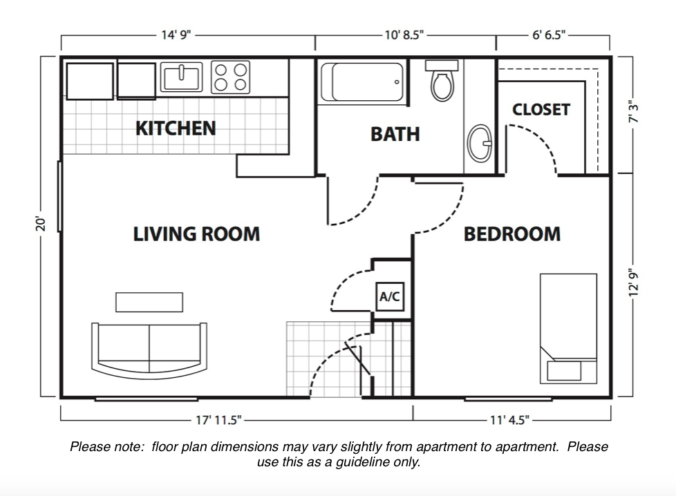 Floor plan for 1 bed, 1 bath, 643 sqft